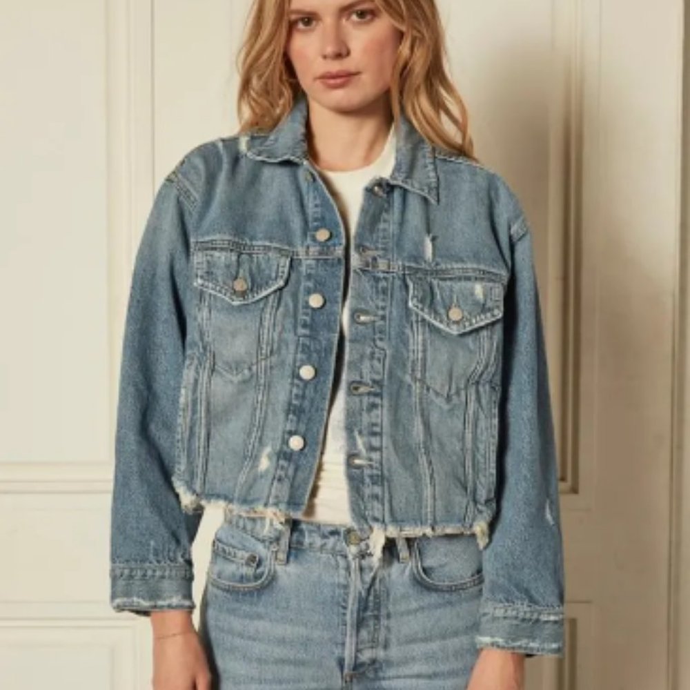 Boyish Harvey Cropped Oversized Distressed Jean Jacket in Gilda size S